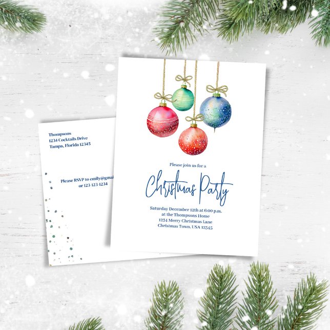 Watercolor Christmas Ornaments Party Holiday Postcard (Christmas party invitation postcard.)