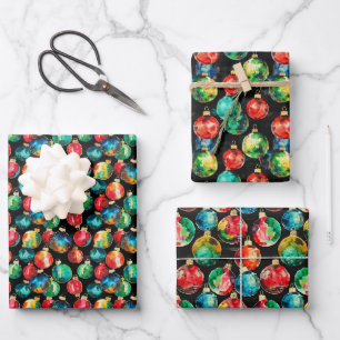 Watercolor Christmas Ornaments Pattern on Black Wrapping Paper Sheet