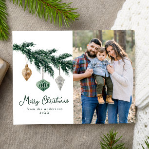 Watercolor Christmas Ornaments Photo Holiday Postcard