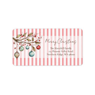 Watercolor Christmas Ornaments Pink Stripes Label