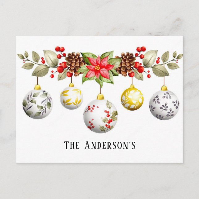 Watercolor Christmas Ornaments Poinsettia Custom Postcard (Front)