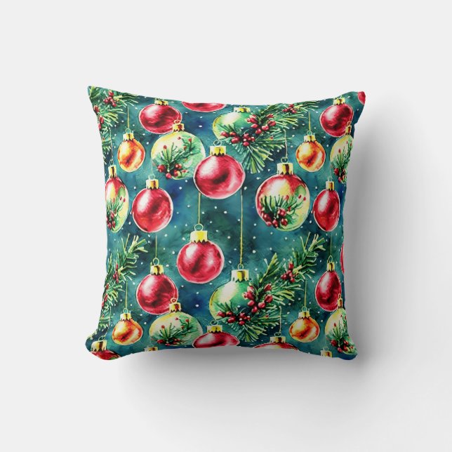 Watercolor Christmas Ornaments, Red and Teal Green Cushion (Front)
