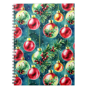 Watercolor Christmas Ornaments, Red and Teal Green Notebook