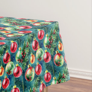 Watercolor Christmas Ornaments, Red and Teal Green Tablecloth
