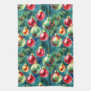 Watercolor Christmas Ornaments, Red and Teal Green Tea Towel