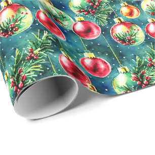 Watercolor Christmas Ornaments, Red and Teal Green Wrapping Paper
