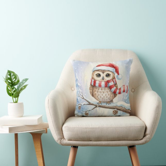 Watercolor Christmas Owl In a Santa Hat Cushion (Chair)