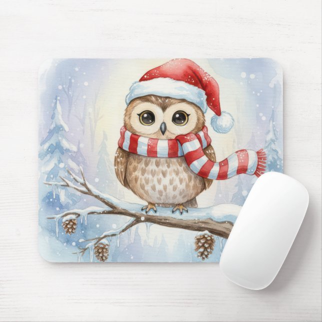 Watercolor Christmas Owl In a Santa Hat Mouse Pad (With Mouse)
