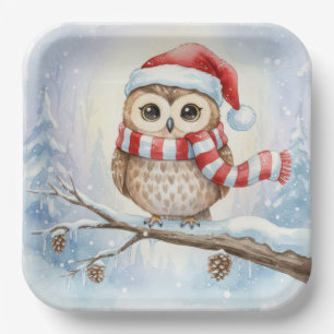 Watercolor Christmas Owl In a Santa Hat Paper Plate