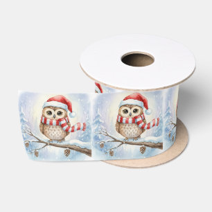 Watercolor Christmas Owl In a Santa Hat Satin Ribbon