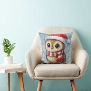 Watercolor Christmas Owl in Snowflakes Cushion