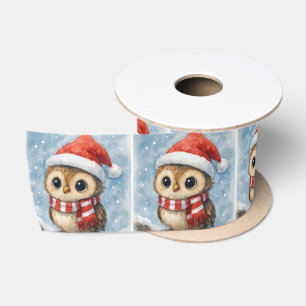 Watercolor Christmas Owl in Snowflakes Satin Ribbon