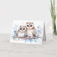 Watercolor Christmas Owls On Branch