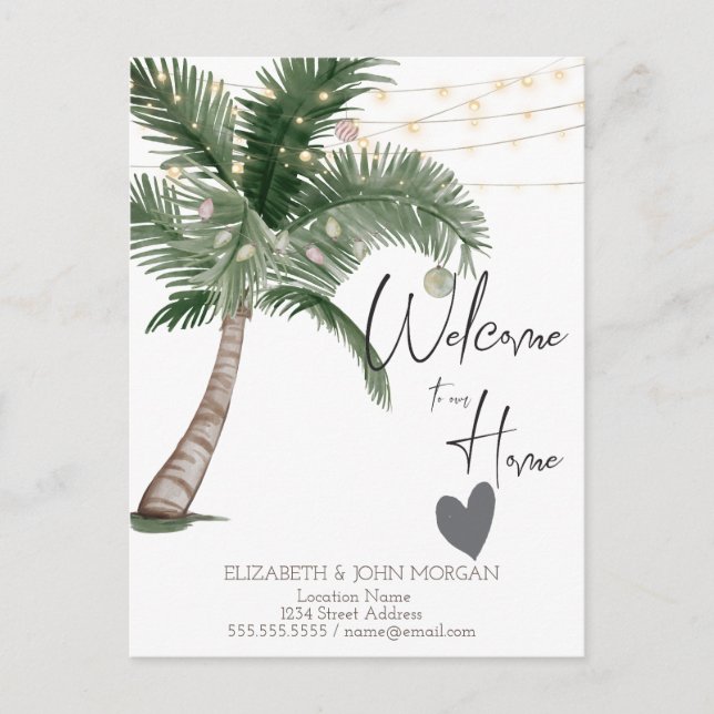 Watercolor Christmas Palm,Heart Announcement Postcard (Front)