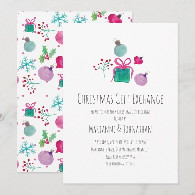 Watercolor Christmas Party Gift Exchange  Invitation (Front/Back)