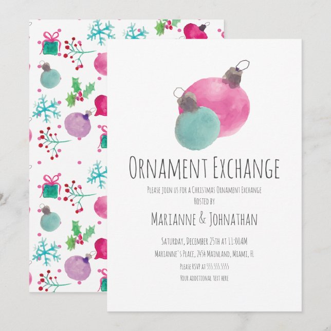 Watercolor Christmas Party Ornaments Exchange Invitation (Front/Back)