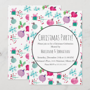 Watercolor Christmas Party Ornaments Holiday  Invitation