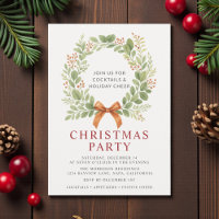 Watercolor Christmas Party Red Bow Wreath