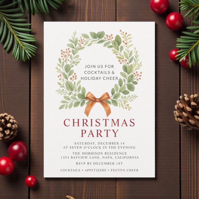 Watercolor Christmas Party Red Bow Wreath  Invitation (Creator Uploaded)