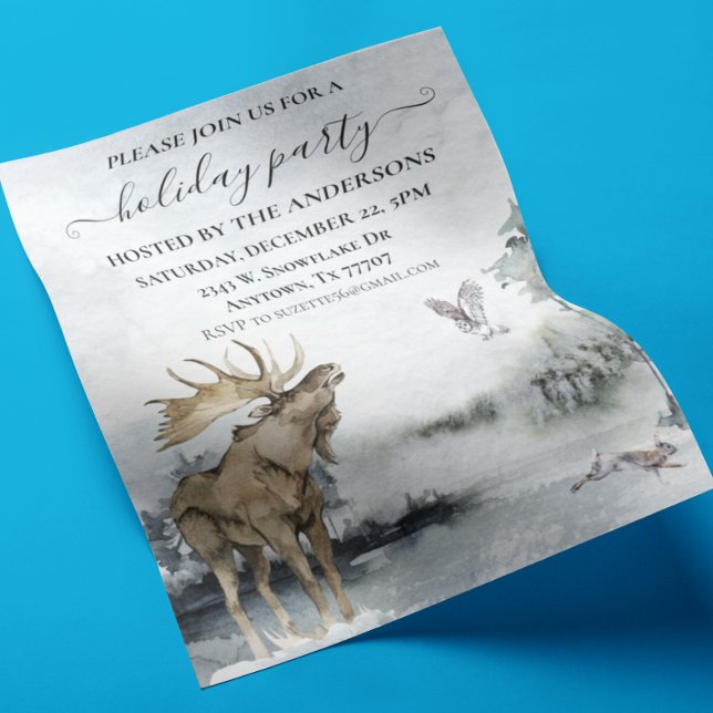 Watercolor Christmas Party Snow Landscape moose Flyer (Creator Uploaded)