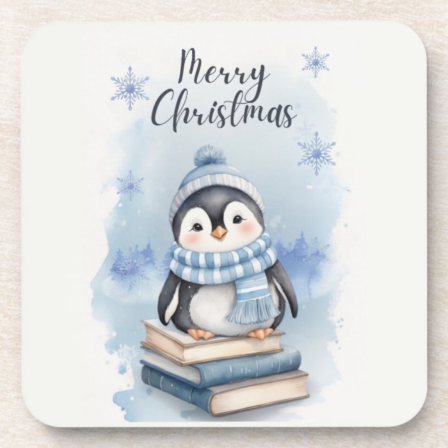 Watercolor Christmas Penguin Coaster (Front)