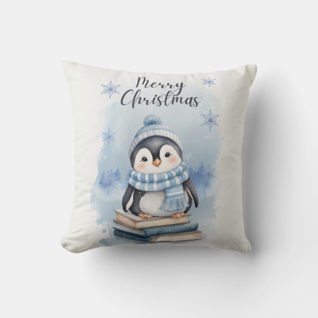 Watercolor Christmas Penguin Cushion (Front)