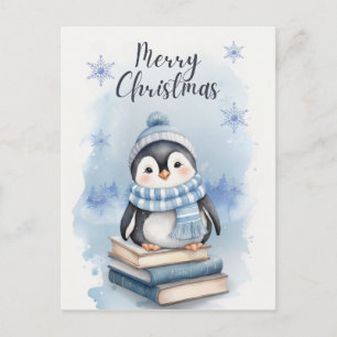 Watercolor Christmas Penguin Holiday Postcard