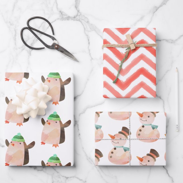 Watercolor Christmas Penguin Snowman Gift Wrap (Front)