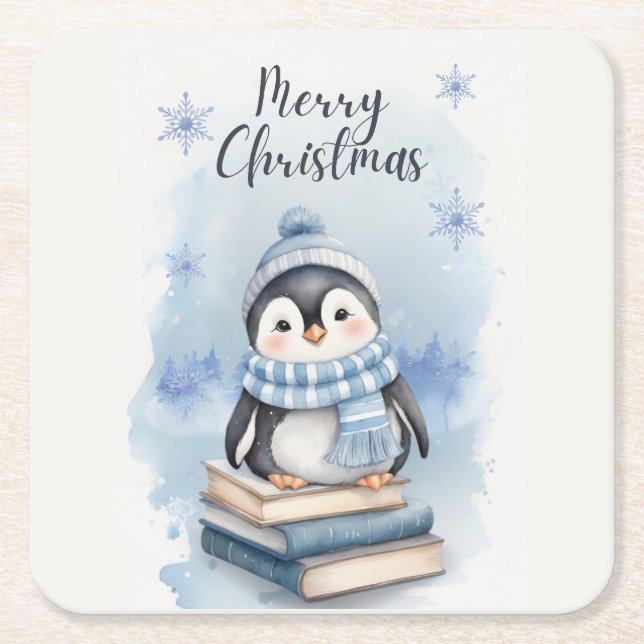 Watercolor Christmas Penguin Square Paper Coaster (Front)