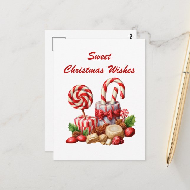 watercolor Christmas peppermint candy add text Postcard (Front/Back In Situ)