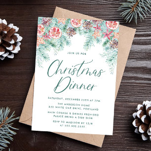 Watercolor Christmas Pine & Citrus Holiday Dinner Invitation
