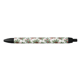 Watercolor Christmas Pine Cone and Holly Ribbon Black Ink Pen