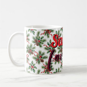 Watercolor Christmas Pine Cone and Holly Ribbon  Coffee Mug
