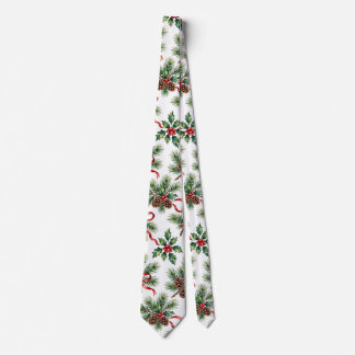 Watercolor Christmas Pine Cone and Holly Ribbon Tie