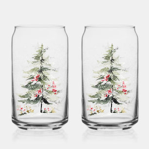 Watercolor Christmas Pine Trees Can Glass