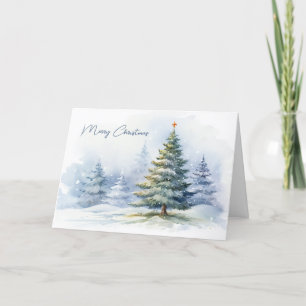 Watercolor Christmas Pines In Snow Holiday Card