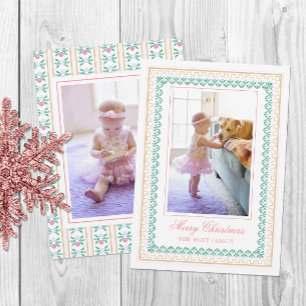 Watercolor Christmas Pink Grandmillennial Photo Holiday Card