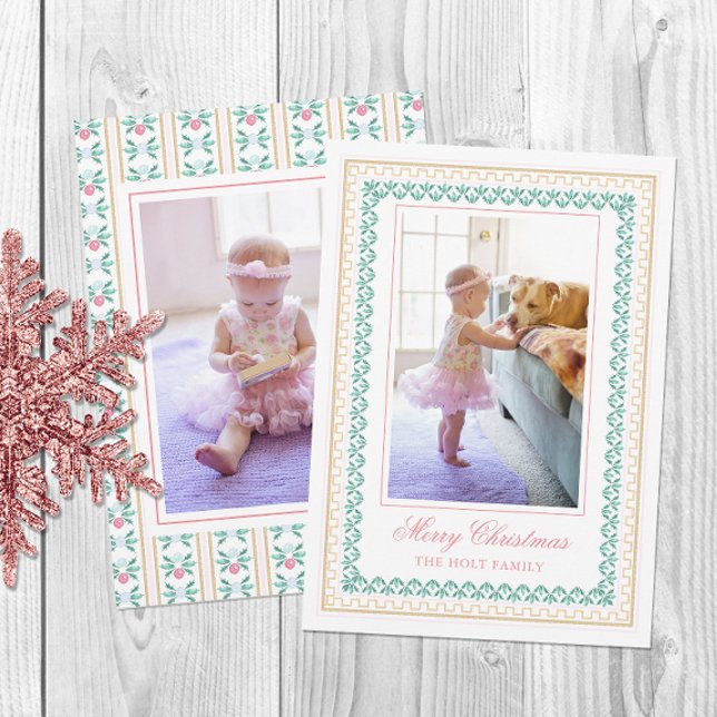 Watercolor Christmas Pink Grandmillennial Photo Holiday Card (Creator Uploaded)