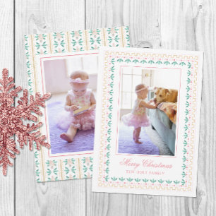 Watercolor Christmas Pink Grandmillennial Photo Holiday Card