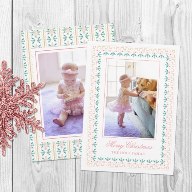 Watercolor Christmas Pink Grandmillennial Photo Holiday Card (Creator Uploaded)