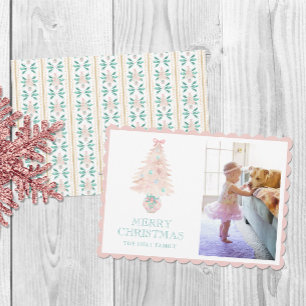 Watercolor Christmas Pink Grandmillennial Photo Holiday Card