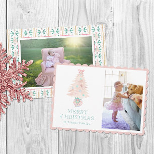Watercolor Christmas Pink Grandmillennial Photo Holiday Card