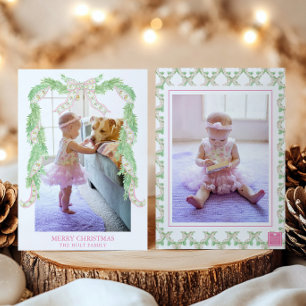 Watercolor Christmas Pink Green Bow Garland Photo Holiday Card