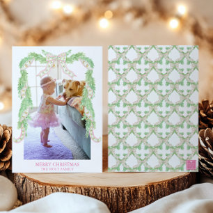 Watercolor Christmas Pink Green Bow Garland Photo Holiday Card