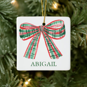 Watercolor Christmas Plaid Bow Ceramic Ornament