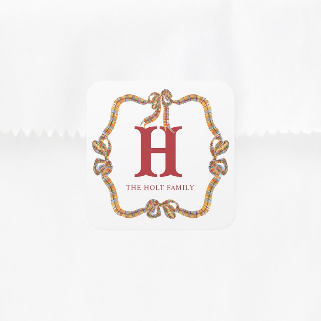 Watercolor Christmas Plaid Bow Garland Gift Square Sticker (Creator Uploaded)