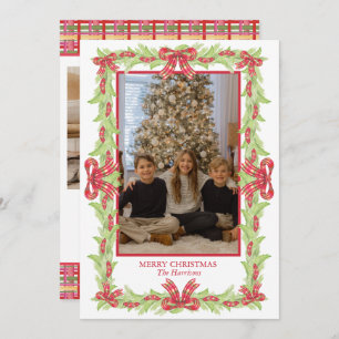 Watercolor Christmas Plaid Bow Garland Holiday Card