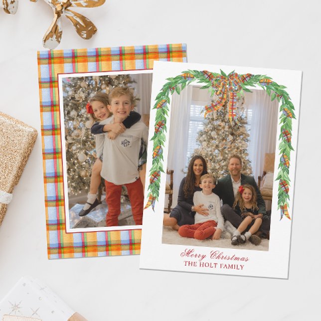 Watercolor Christmas Plaid Bow Garland Photo Holiday Card (Creator Uploaded)