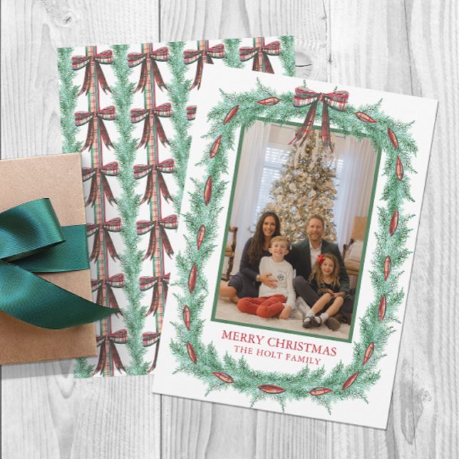 Watercolor Christmas Plaid Bow Garland Photo Holiday Card (Creator Uploaded)