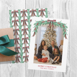 Watercolor Christmas Plaid Bow Garland Photo Holiday Card